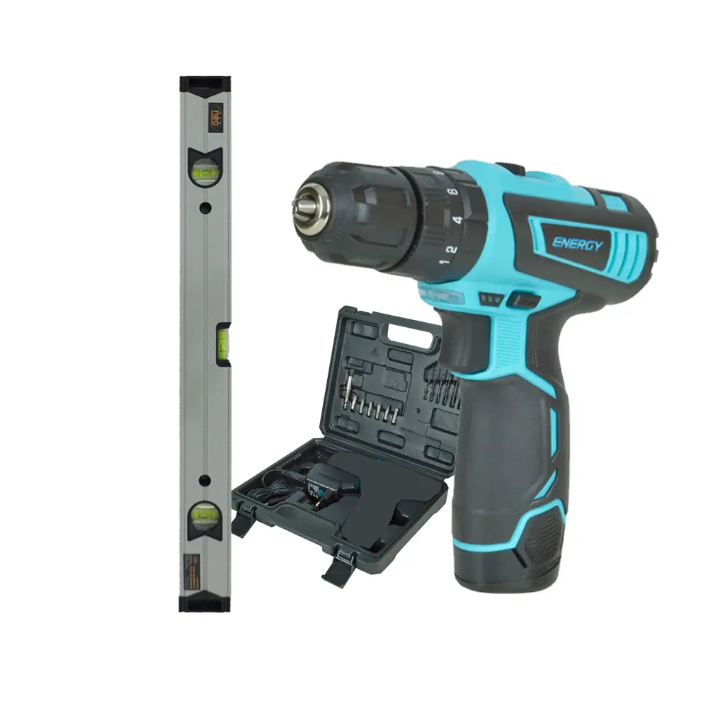 Combo Taladro Percutor 10MM 12V Energy DDI10/1/12K + Nivel de Burbuja 61cm NEO NBA-9060