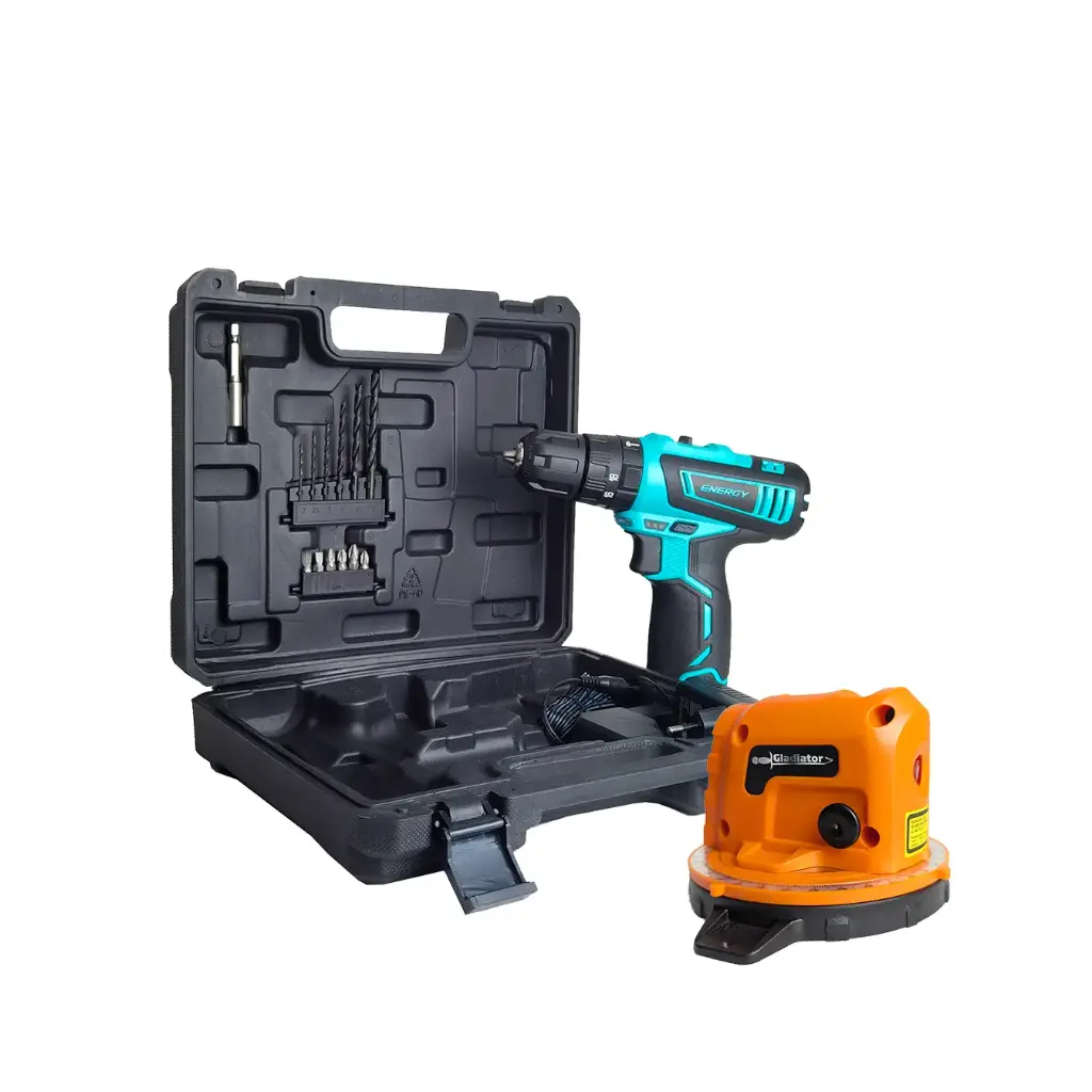 Combo Taladro Percutor 10mm 12V Energy DDI10/1/12C1 + Set de 5 Brocas de 4 a 10mm Gladiator BM9/5K + Cinta Métrica 3m Gladiator PLT 403MP